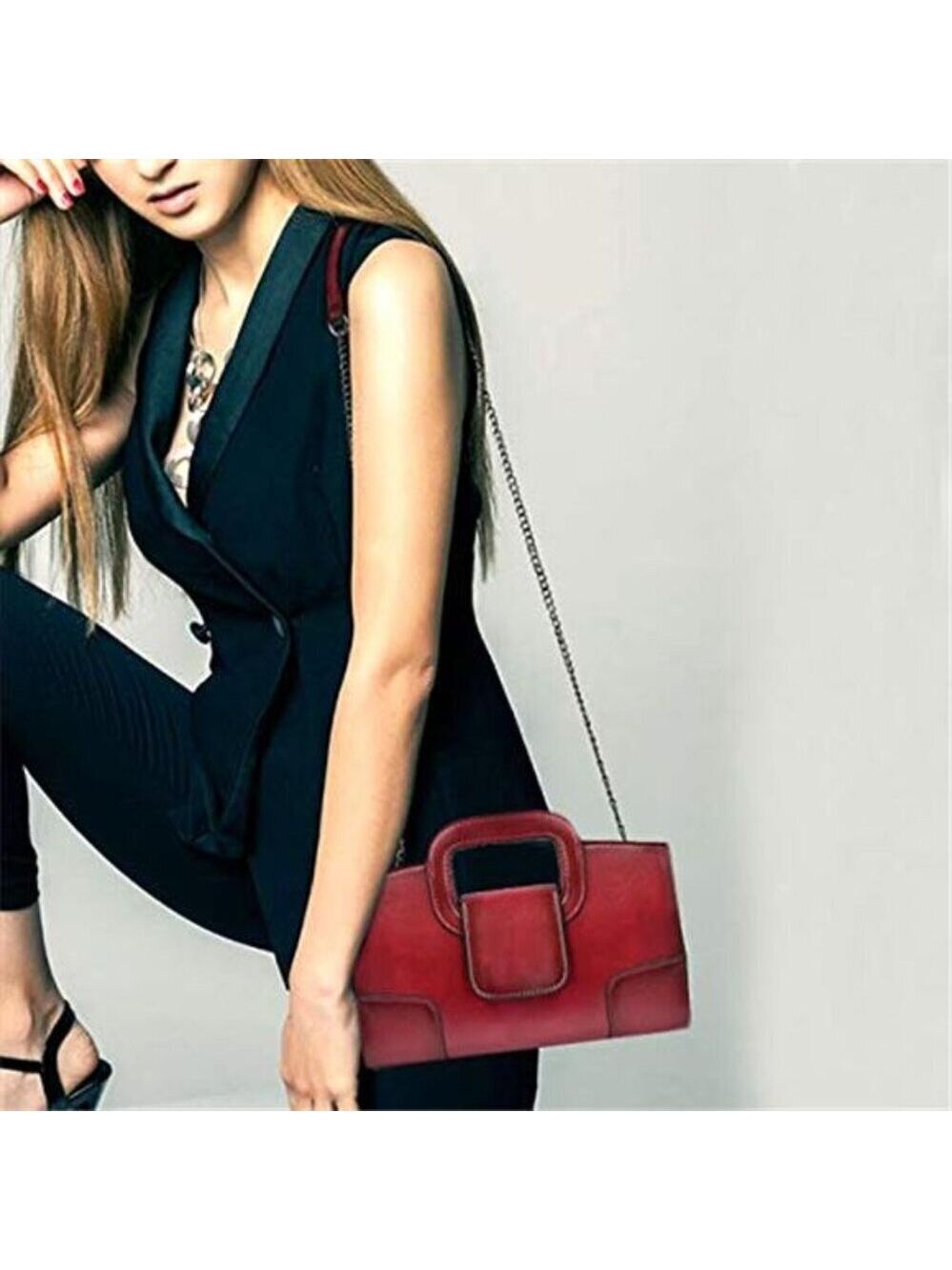 Vintage Style Flap Dark Red Tote Top Handle Satchel Handbags Vegan Leather